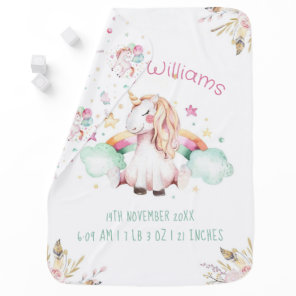 Cute Watercolor Magical Unicorn Birth Stats Girls Baby Blanket