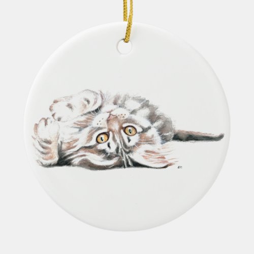 Cute Watercolor Maine Coon Kitty Ceramic Ornament