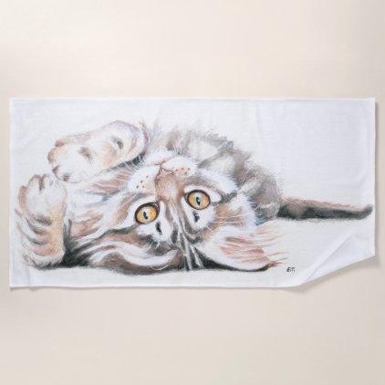 Cute Watercolor Maine Coon Kitty Playing Beach Towel