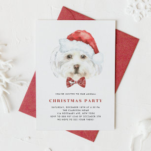 Cute Watercolor Maltese Santa Christmas Party Invitation