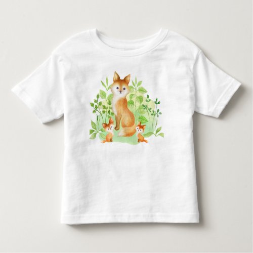 CUTE WATERCOLOR MAMA RED FOX AND HER PUPS TODDLER T_SHIRT