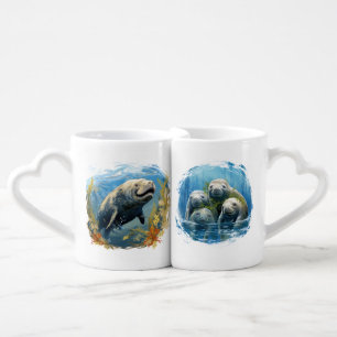 CUTE WATERCOLOR MANATEES COFFEE MUG SET