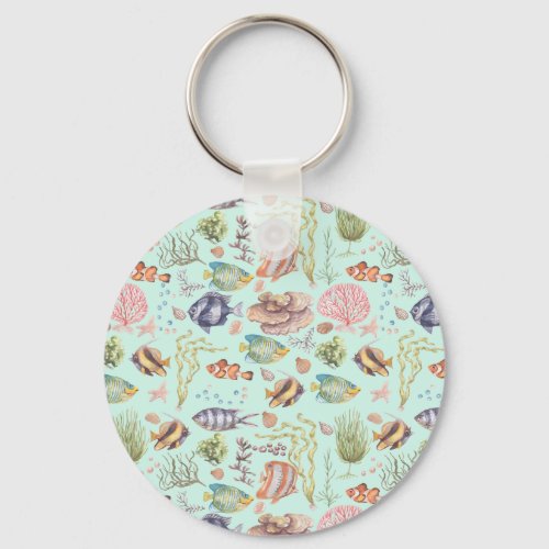 Cute Watercolor Marine Life Fish and Coral  Keychain