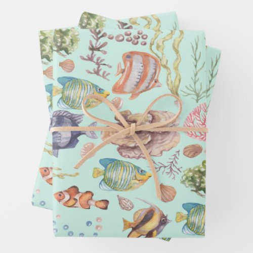 Cute Watercolor Marine Life Fish and Coral  Wrapping Paper Sheets