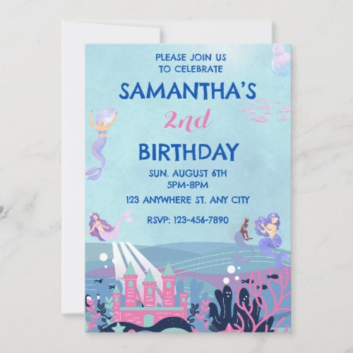 Cute Watercolor Mermaid Birthday Party Invitation