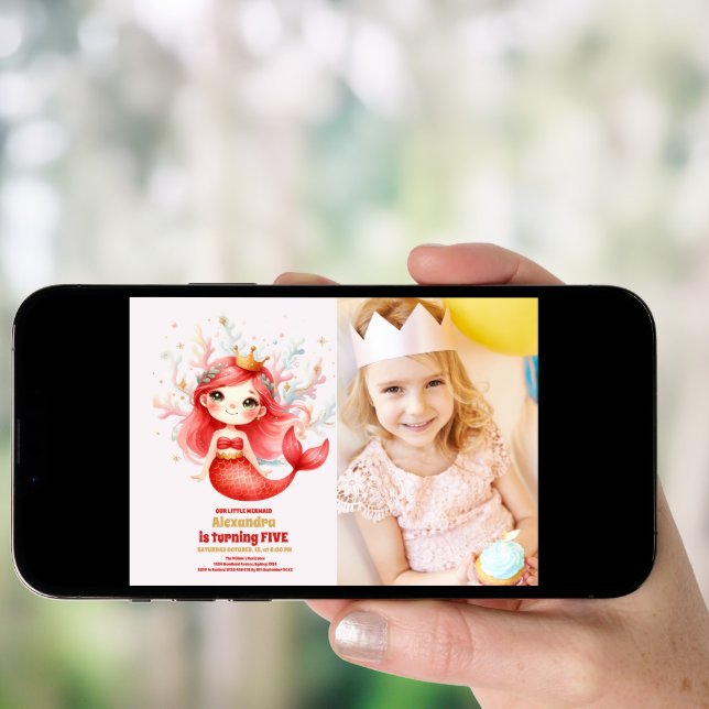 Cute Watercolor Mermaid Birthday Photo Invitation (Front Digital)