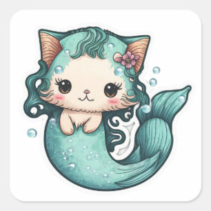 Cute Watercolor Mermaid Cat Square Sticker
