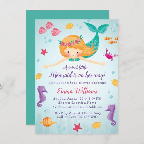 Cute Watercolor Mermaid Girl Baby Shower Invitation