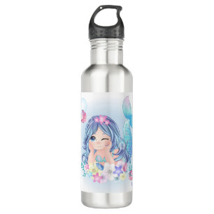 Cute Watercolor Mermaid Kids Personalized Name Stainless Steel Water Bottle