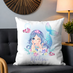 Cute Watercolor Mermaid Kids Personalized Name Throw Pillow