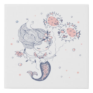 Cute Watercolor Mermaid Nursery Faux Canvas Print