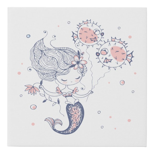 Cute Watercolor Mermaid Nursery Faux Canvas Print (Front)