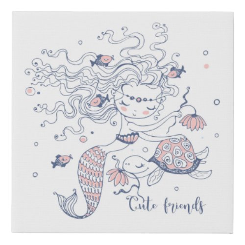 Cute Watercolor Mermaid Nursery Faux Canvas Print