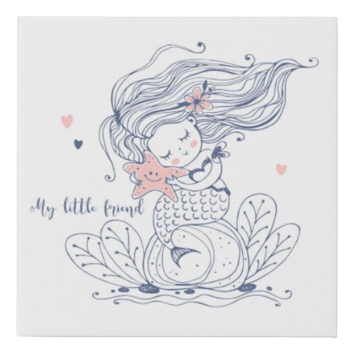 Cute Watercolor Mermaid Nursery Faux Canvas Print