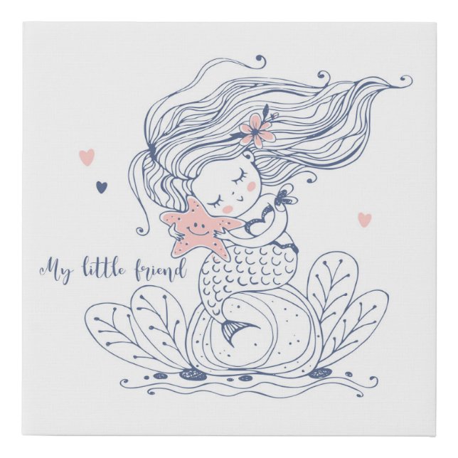 Cute Watercolor Mermaid Nursery Faux Canvas Print (Front)