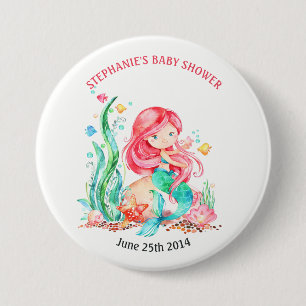 Cute Watercolor Mermaid Under the Sea Baby Shower Button