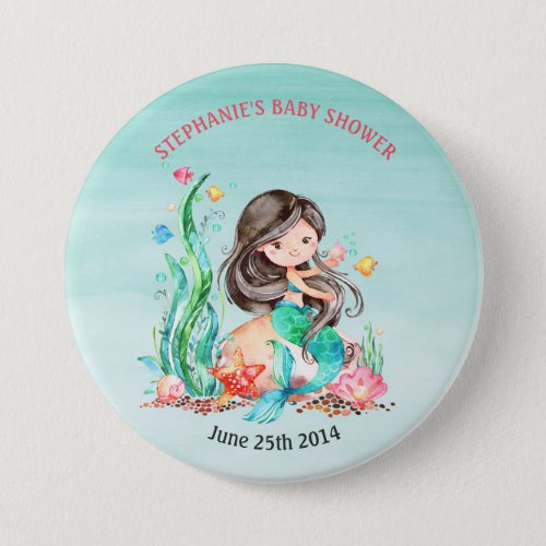 Cute Watercolor Mermaid Under the Sea Baby Shower  Button