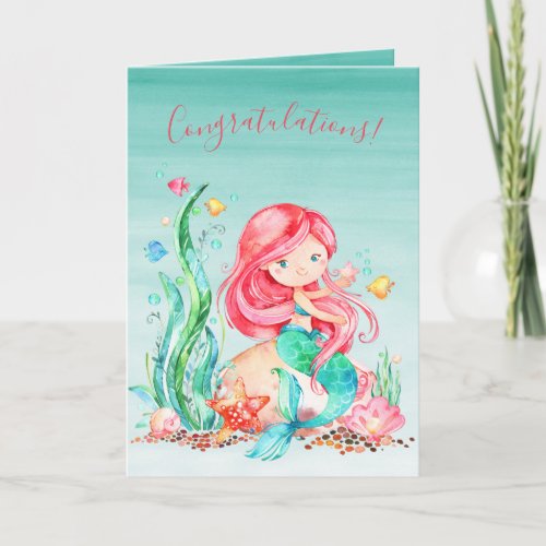 Cute Watercolor Mermaid Under the Sea Baby Shower Card