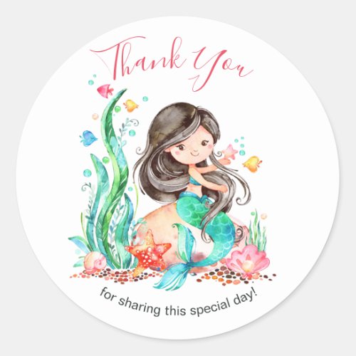 Cute Watercolor Mermaid Under the Sea Baby Shower  Classic Round Sticker