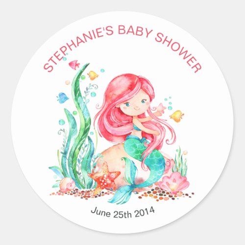 Cute Watercolor Mermaid Under the Sea Baby Shower  Classic Round Sticker