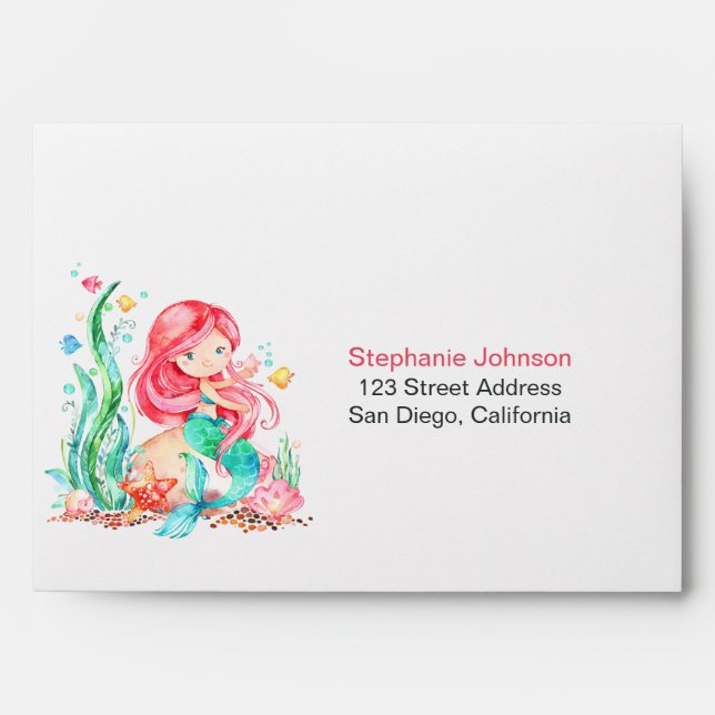 Cute Watercolor Mermaid Under the Sea Baby Shower Envelope (Front)