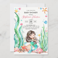 Cute Watercolor Mermaid Under the Sea Baby Shower Invitation