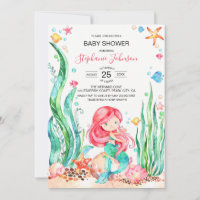 Cute Watercolor Mermaid Under the Sea Baby Shower Invitation