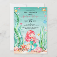 Cute Watercolor Mermaid Under the Sea Baby Shower Invitation