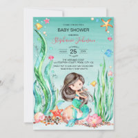 Cute Watercolor Mermaid Under the Sea Baby Shower Invitation