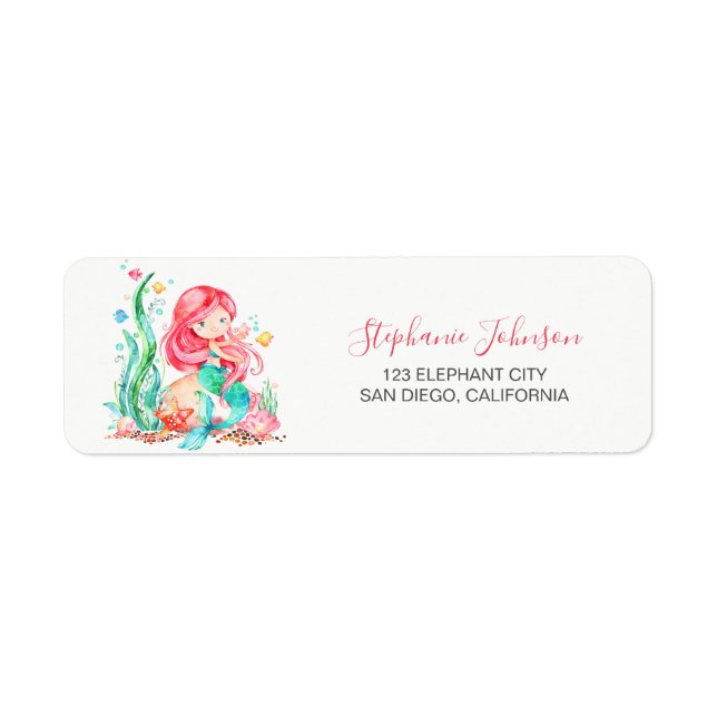 Cute Watercolor Mermaid Under the Sea Baby Shower Label (Front)