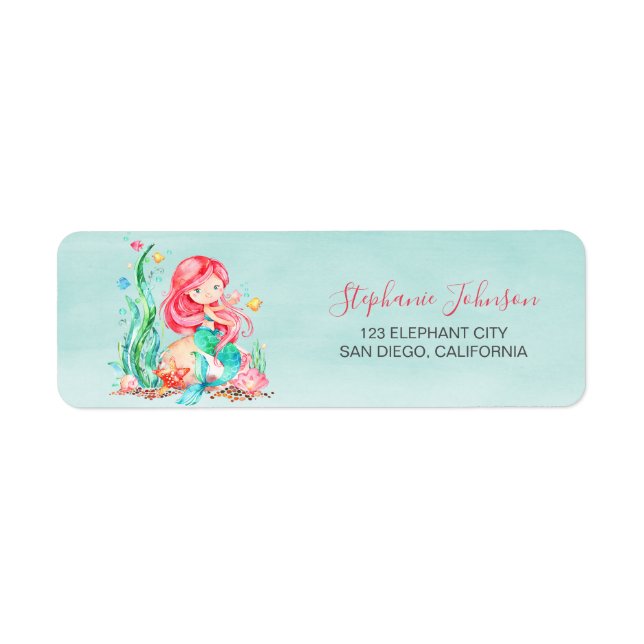 Cute Watercolor Mermaid Under the Sea Baby Shower Label (Front)