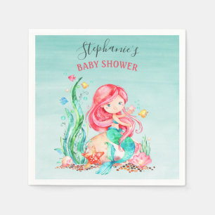 Cute Watercolor Mermaid Under the Sea Baby Shower Napkins