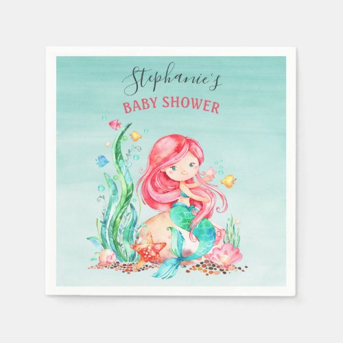 Cute Watercolor Mermaid Under the Sea Baby Shower Napkins