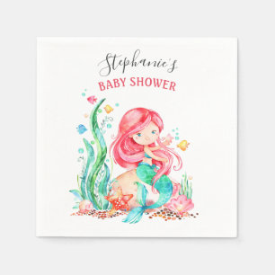 Cute Watercolor Mermaid Under the Sea Baby Shower Napkins