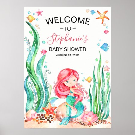 Cute Watercolor Mermaid Under The Sea Baby Shower Poster