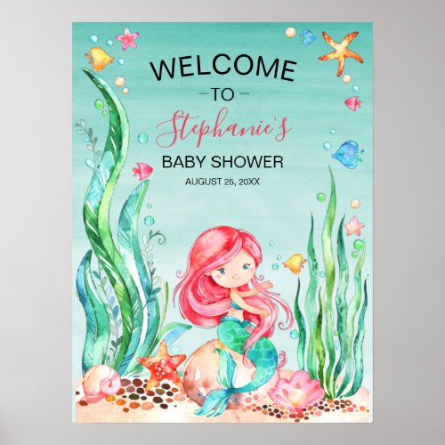 Cute Watercolor Mermaid Under the Sea Baby Shower Poster