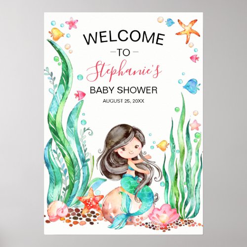 Cute Watercolor Mermaid Under the Sea Baby Shower Poster