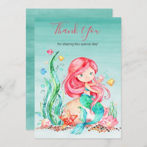 Cute Watercolor Mermaid Under the Sea Baby Shower Thank You Card