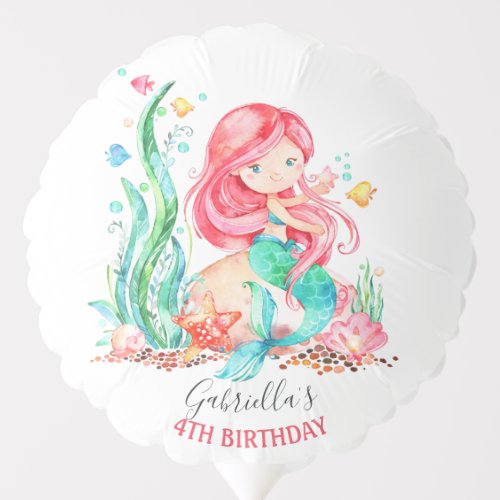 Cute Watercolor Mermaid Under the Sea Birthday Bal Balloon
