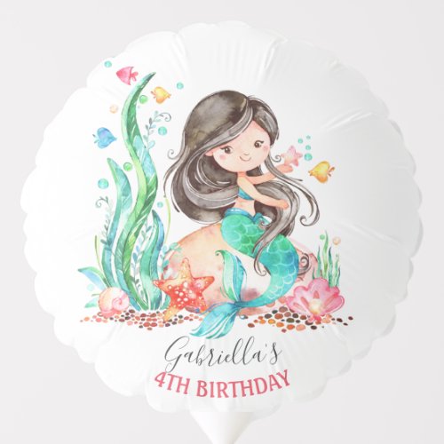 Cute Watercolor Mermaid Under the Sea Birthday Balloon