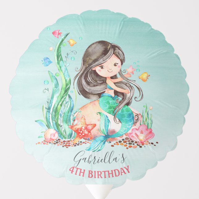 Cute Watercolor Mermaid Under the Sea Birthday Balloon (Front)