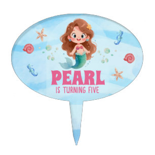 Cute Watercolor Mermaid Under the Sea Birthday Cake Topper