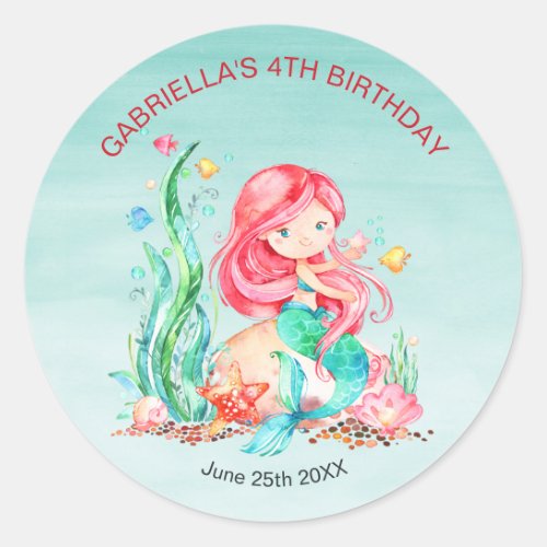 Cute Watercolor Mermaid Under the Sea Birthday Cla Classic Round Sticker