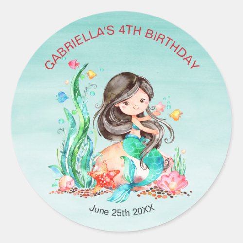 Cute Watercolor Mermaid Under the Sea Birthday Classic Round Sticker