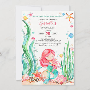 Cute Watercolor Mermaid Under the Sea Birthday Inv Invitation