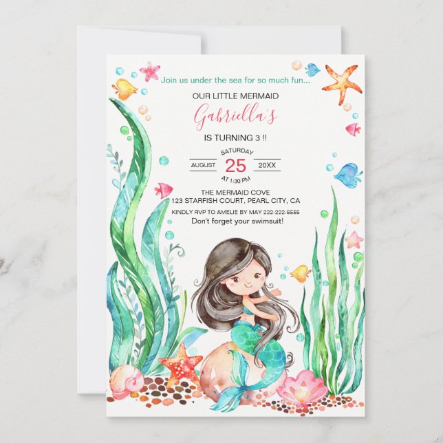Cute Watercolor Mermaid Under the Sea Birthday Invitation (Front)