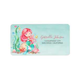 Cute Watercolor Mermaid Under the Sea Birthday Lab Label