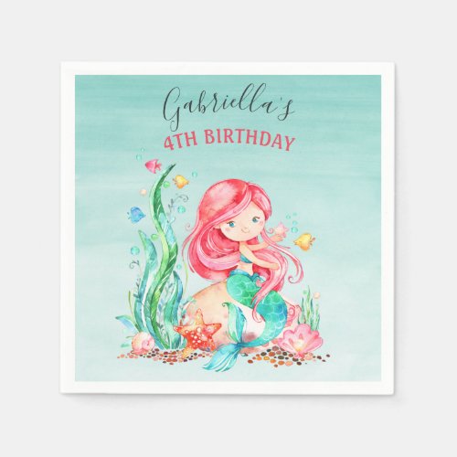 Cute Watercolor Mermaid Under the Sea Birthday Nap Napkins