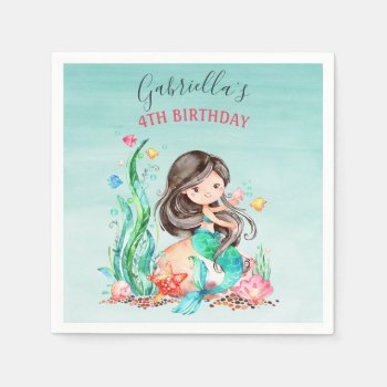 Cute Watercolor Mermaid Under The Sea Birthday Napkins by SpecialOccasionCards at Zazzle