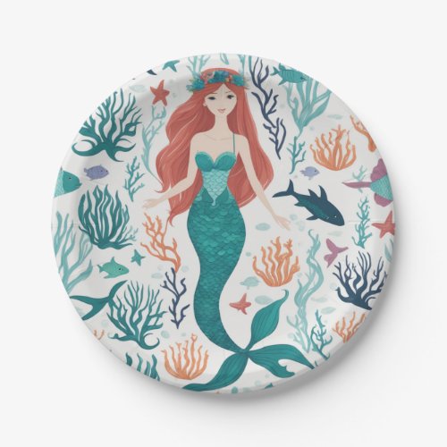 Cute Watercolor Mermaid Under the Sea Birthday Paper Plates
